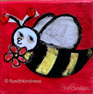 sample of Stephanie's artwork showing a whimsical bumblebee on a red background
